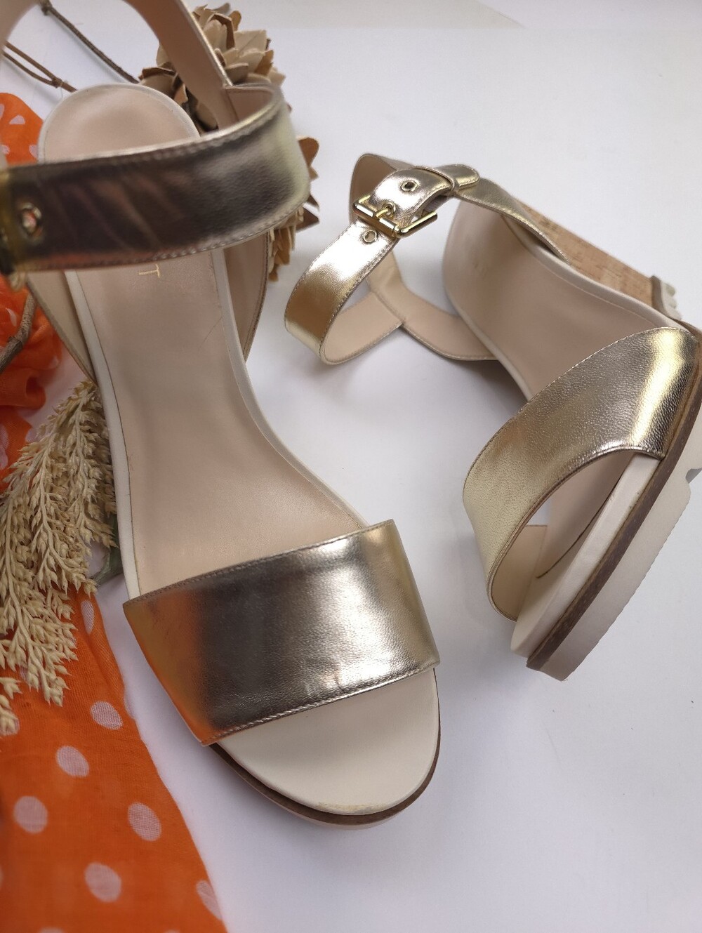 Metallic Gold Wedge Sandals with Ankle Strap Sz 11M - Picture 3 of 12